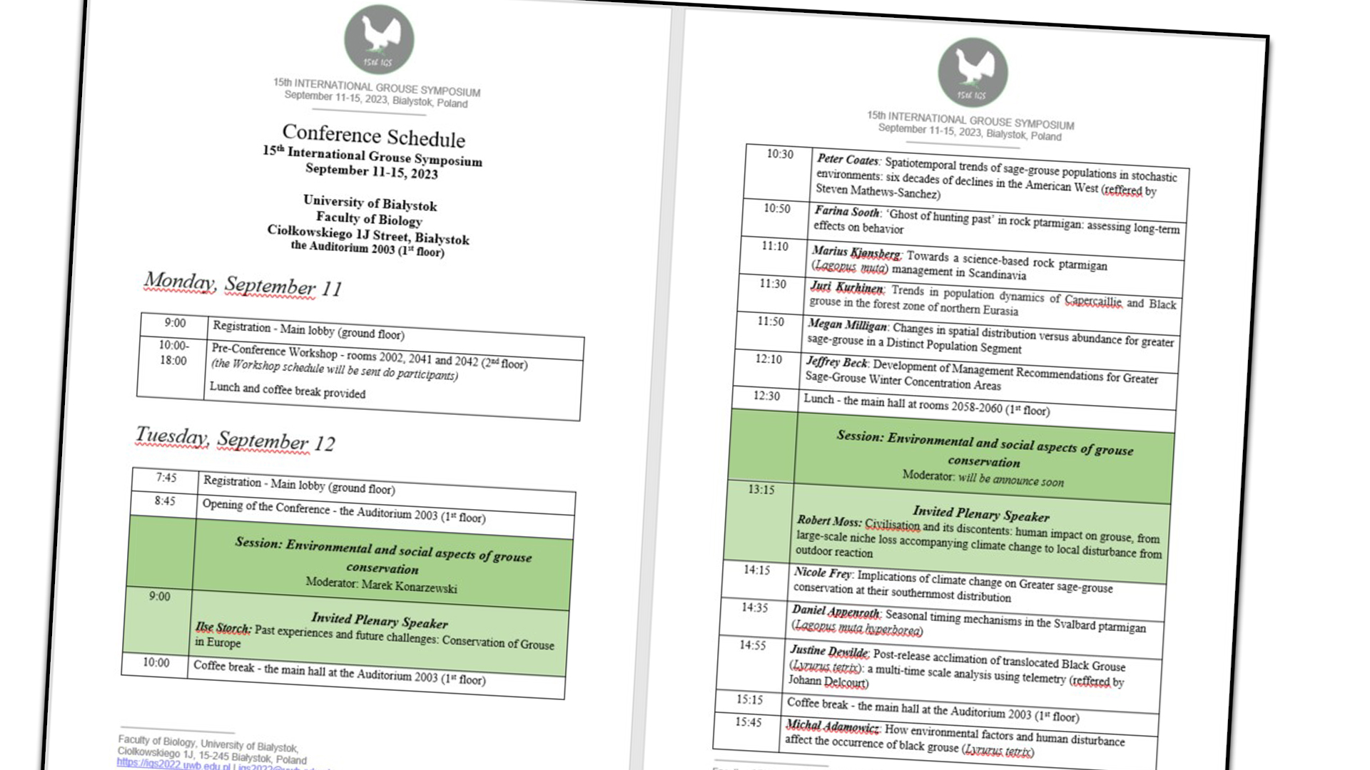 Conference Schedule 15th International Grouse Symposium September 11-15, 2023